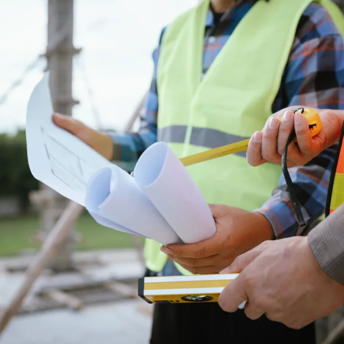 Two construction workers wearing safety vests are holding blueprints, a tape measure, and a spirit level, discussing plans at an outdoor building site. Only their upper bodies and hands are visible.
